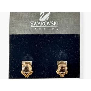 Swan Signed SWAROVSKI Facetted Amber Crystal Gold Tone Pierced Earrings 10mm